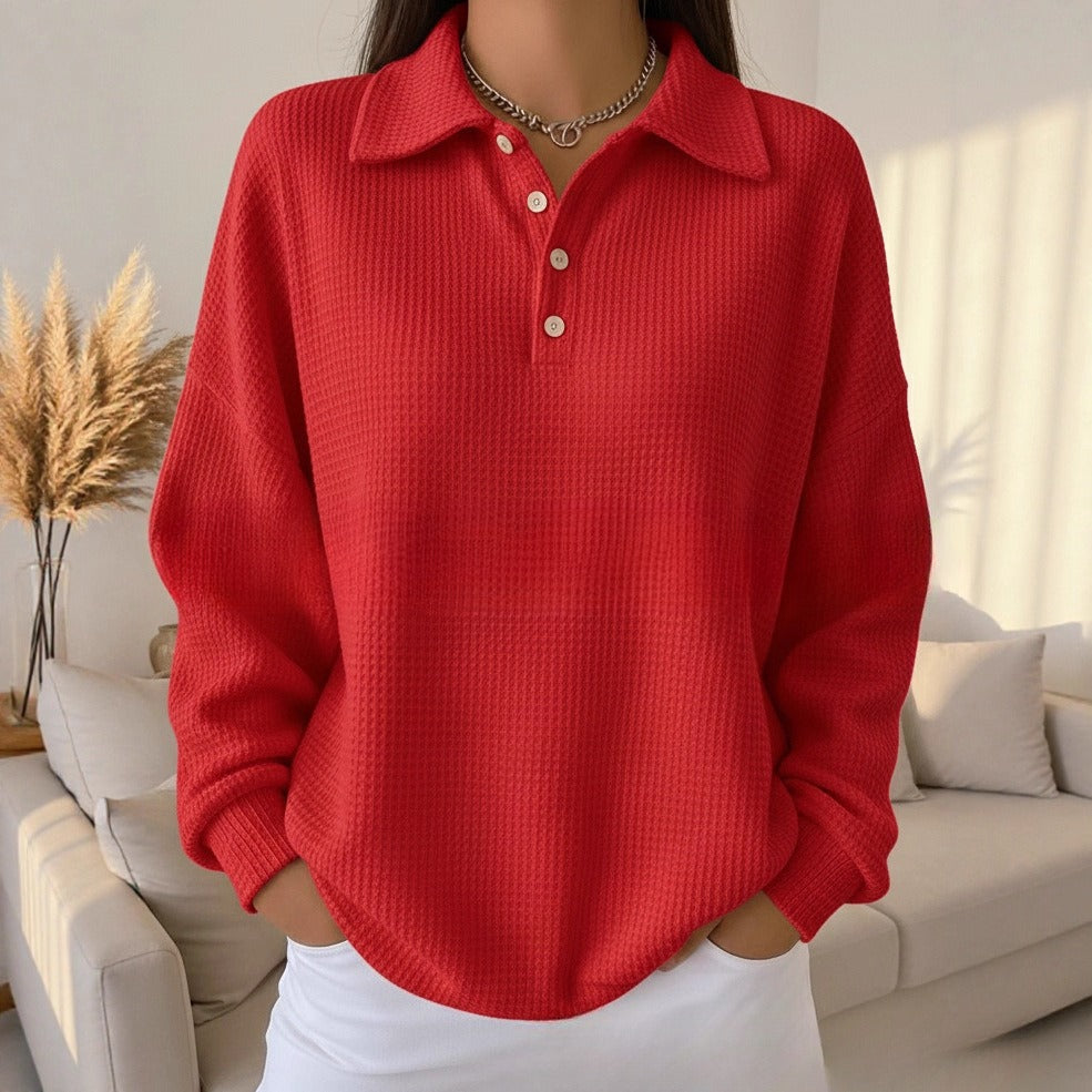 Loose Solid Color Versatile Lapel Polo Shirt Waffle Long Sleeve NorixaFashion.com