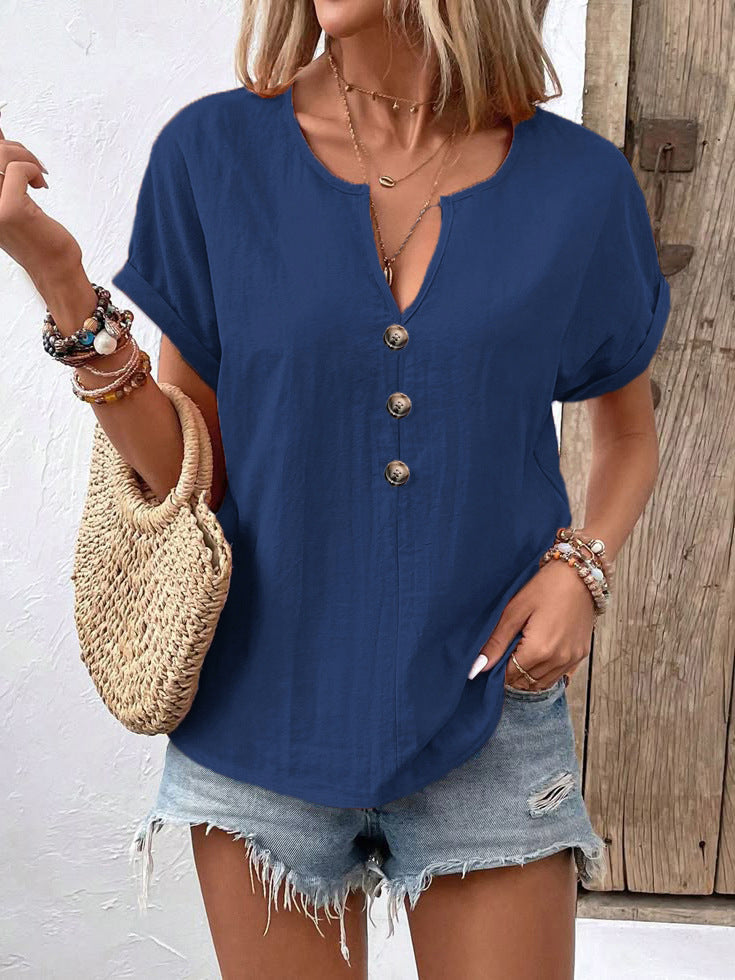 Women's Buttoned V-neck Short-sleeve T-shirt Top LadyShow.Store