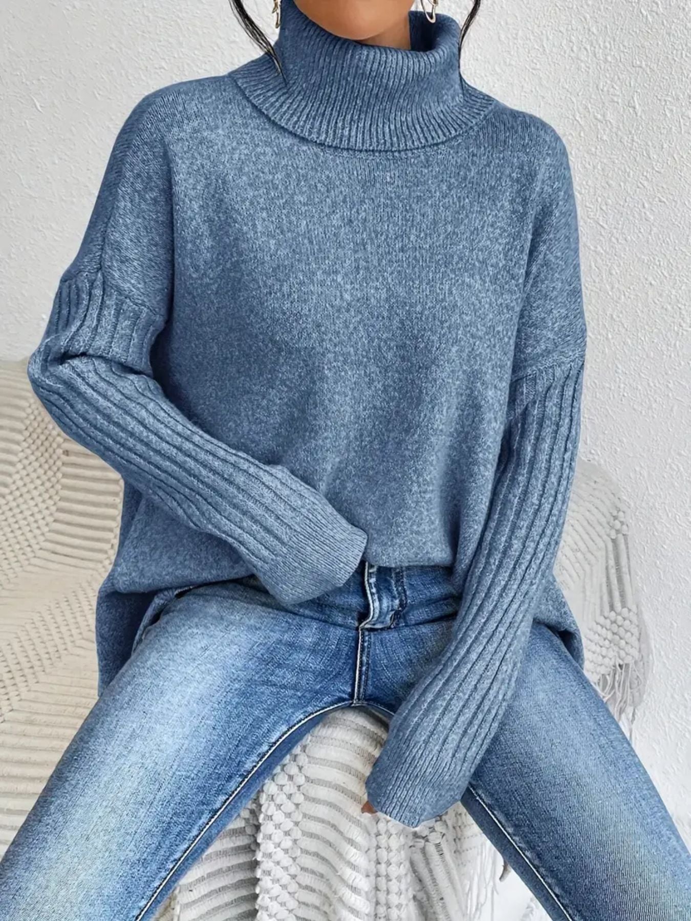 Irregular Turtleneck Sweater Winter Loose Long Sleeve Knitted Tops Leisure Warm Pullover Sweater Women's Clothing Best YouTube Store