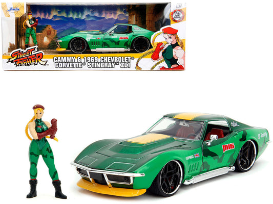 1969 Chevrolet Corvette Stingray ZL1 Green Metallic with Yellow Stripes and Cammy Diecast Figure "Street Fighter" Video Game "Anime Hollywood Rides" Series 1/24 Diecast Model Car by Jada LuxuryLifeWay Online Store