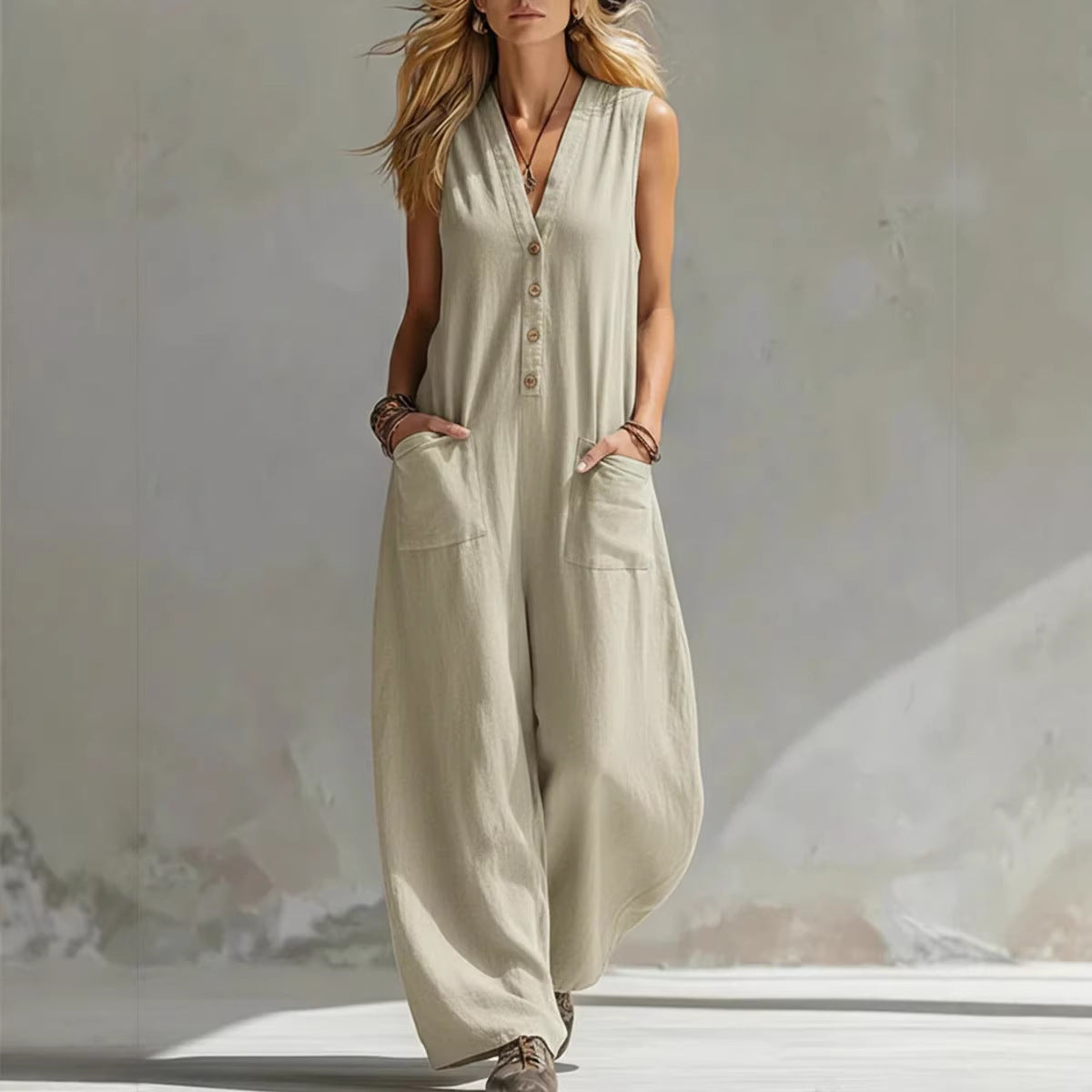 SpringSummer Womens Casual Linen-Cotton Sleeveless Jumpsuit LadyShow.Store