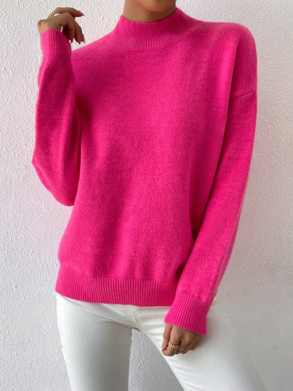Autumn And Winter Half-high Collar Pullover Women's Fashion Solid Color Loose Knitted Top LadyShow.Store
