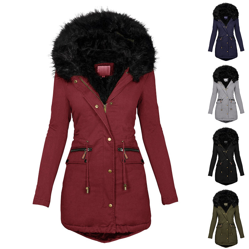 Women's Plush Hooded Parkas Winter Warm Thick  Zip-up Jackets Casual Mid-length Solid Buckle Pockets Coat Outerwear Clothing CJD