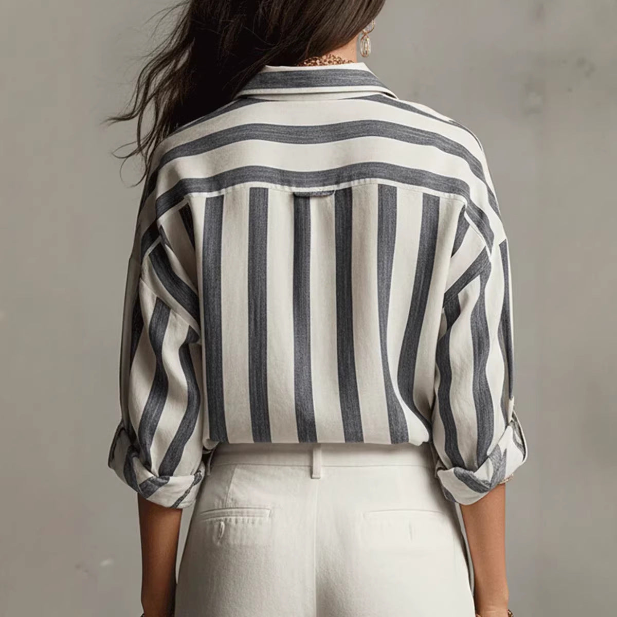 Striped Lapel Collar Loose-Fit Stylish Pullover Womens Blouse NorixaFashion.com
