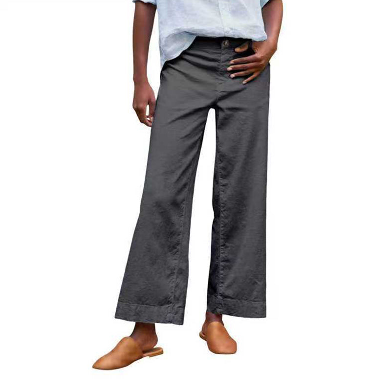 European And American Style High-Waisted Solid Color Cropped Flared Loose Wide-Leg Womens Trousers With Buttons NorixaFashion.com