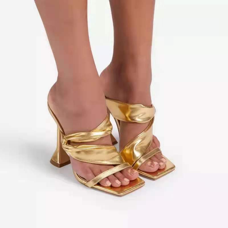 Women's Large Size High Heel Stiletto Square Toe Golden Slippers LadyShow.Store