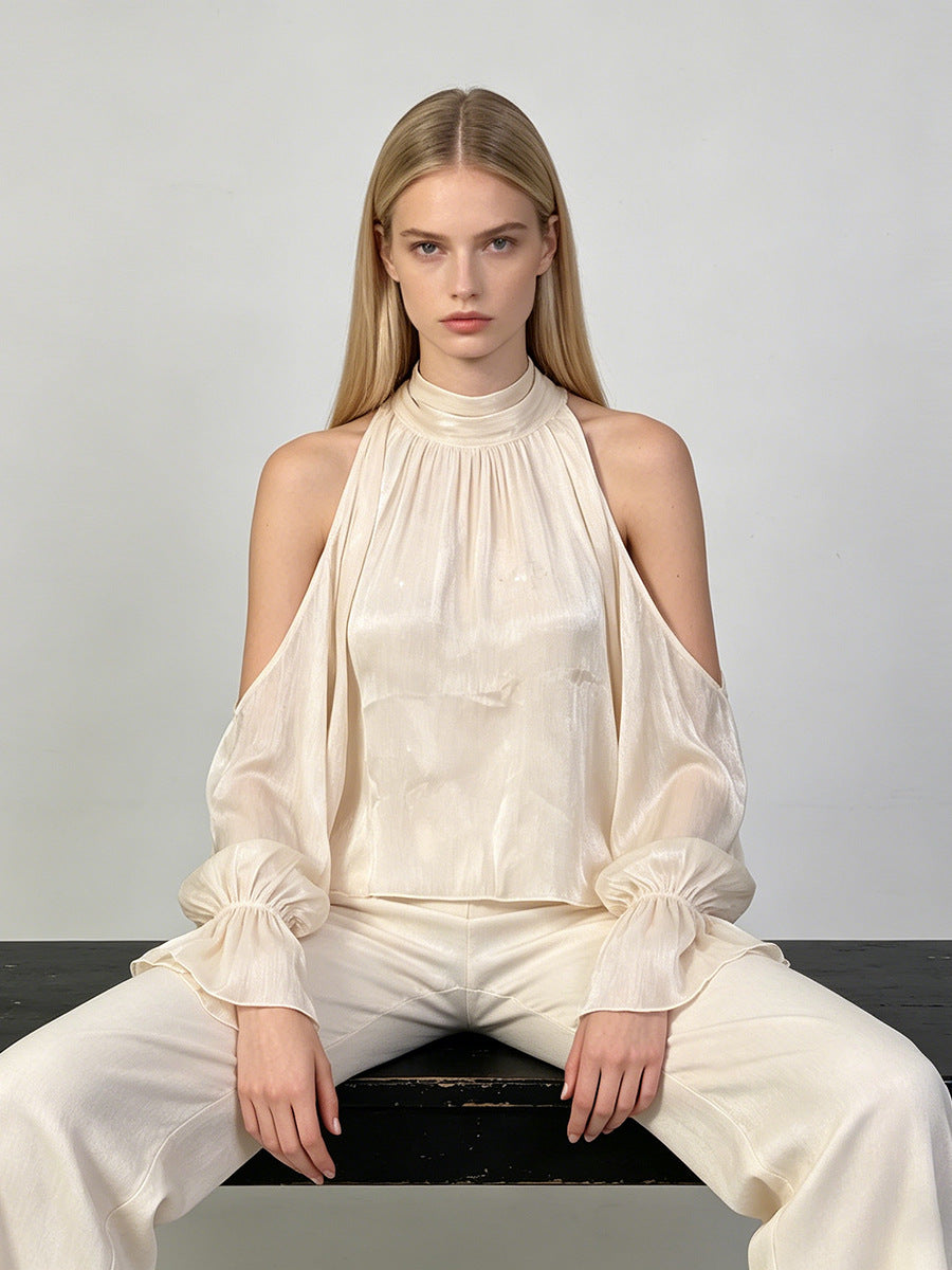 Cream Cold-Shoulder Halter Blouse NorixaFashion.com