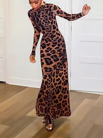 Leopard Print Mock Neck Maxi Dress NorixaFashion.com