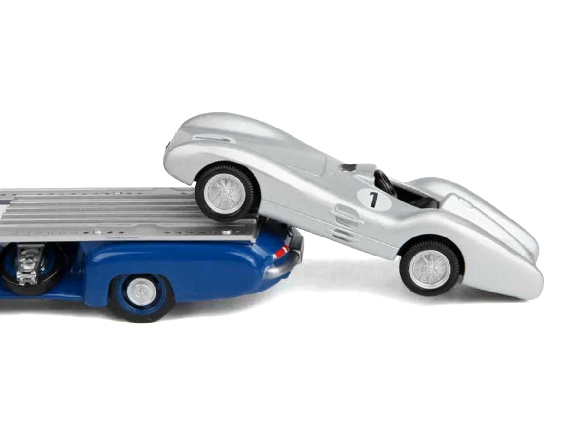 Mercedes-Benz Renntransporter Flatbed Truck Blue and 1954 Mercedes-Benz W196 #1 Silver Metallic 1/64 Diecast Model Car by Norev LuxuryLifeWay Online Store