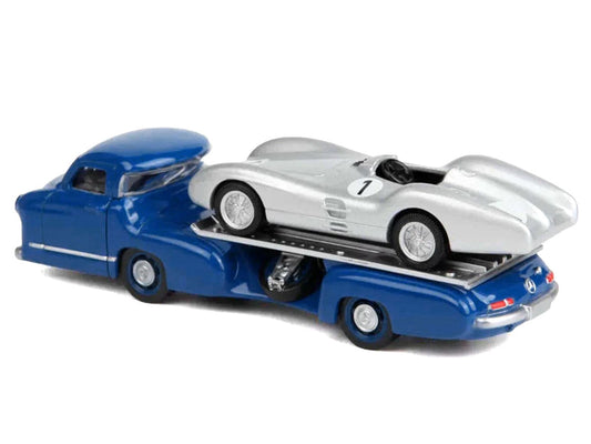 Mercedes-Benz Renntransporter Flatbed Truck Blue and 1954 Mercedes-Benz W196 #1 Silver Metallic 1/64 Diecast Model Car by Norev LuxuryLifeWay Online Store