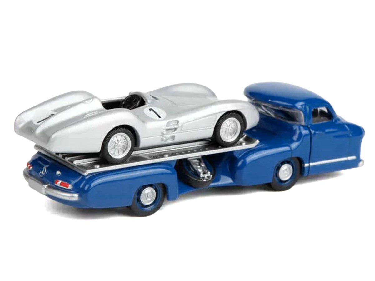 Mercedes-Benz Renntransporter Flatbed Truck Blue and 1954 Mercedes-Benz W196 #1 Silver Metallic 1/64 Diecast Model Car by Norev LuxuryLifeWay Online Store