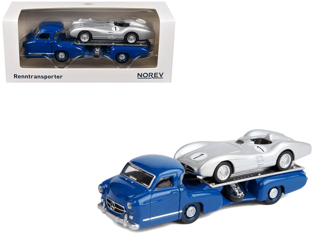 Mercedes-Benz Renntransporter Flatbed Truck Blue and 1954 Mercedes-Benz W196 #1 Silver Metallic 1/64 Diecast Model Car by Norev LuxuryLifeWay Online Store