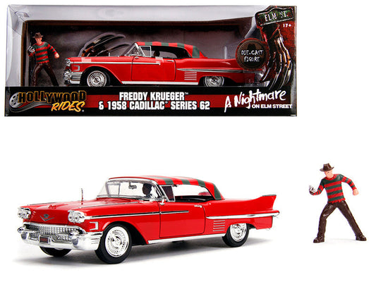 1958 Cadillac Series 62 Red with Freddy Krueger Diecast Figurine "A Nightmare on Elm Street" Movie 1/24 Diecast Model Car by Jada LuxuryLifeWay Online Store