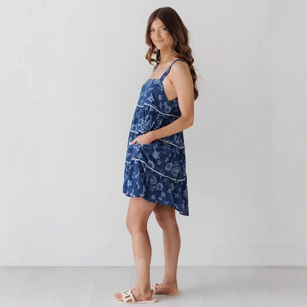 Sling Pleated Backless Denim Dress Women NorixaFashion.com