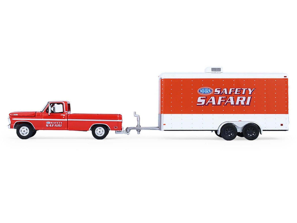 1969 Ford F-250 Pickup Truck Red and 1969 Chevrolet Camaro Z28 "Dan Fletcher" Orange with White Hood "NHRA Safety Team" with Enclosed Car Trailer "Racing Hitch & Tow" Series 6 1/64 Diecast Model Cars by Greenlight LuxuryLifeWay Online Store