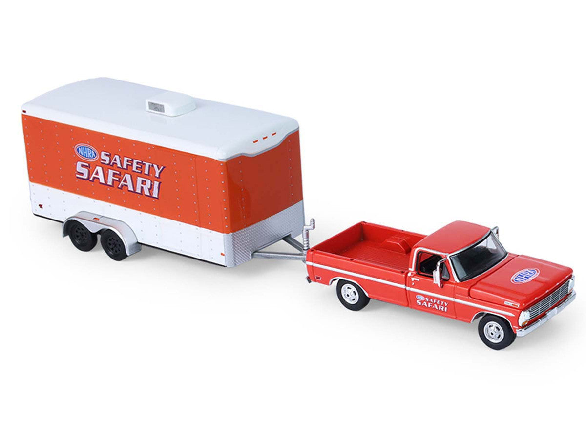 1969 Ford F-250 Pickup Truck Red and 1969 Chevrolet Camaro Z28 "Dan Fletcher" Orange with White Hood "NHRA Safety Team" with Enclosed Car Trailer "Racing Hitch & Tow" Series 6 1/64 Diecast Model Cars by Greenlight LuxuryLifeWay Online Store
