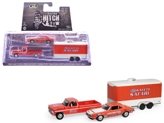 1969 Ford F-250 Pickup Truck Red and 1969 Chevrolet Camaro Z28 "Dan Fletcher" Orange with White Hood "NHRA Safety Team" with Enclosed Car Trailer "Racing Hitch & Tow" Series 6 1/64 Diecast Model Cars by Greenlight LuxuryLifeWay Online Store