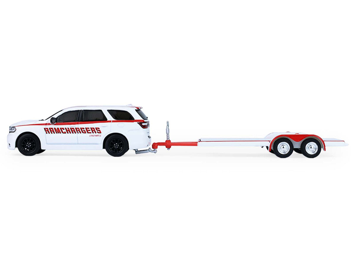 2018 Dodge Durango White with Red Stripes and 2021 Dodge Challenger SRT White with Red Stripes "Ramchargers" with Flatbed Trailer "Racing Hitch & Tow" Series 6 1/64 Diecast Model Cars by Greenlight LuxuryLifeWay Online Store