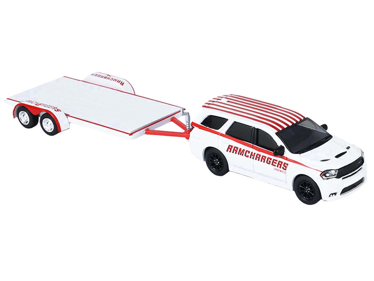 2018 Dodge Durango White with Red Stripes and 2021 Dodge Challenger SRT White with Red Stripes "Ramchargers" with Flatbed Trailer "Racing Hitch & Tow" Series 6 1/64 Diecast Model Cars by Greenlight LuxuryLifeWay Online Store