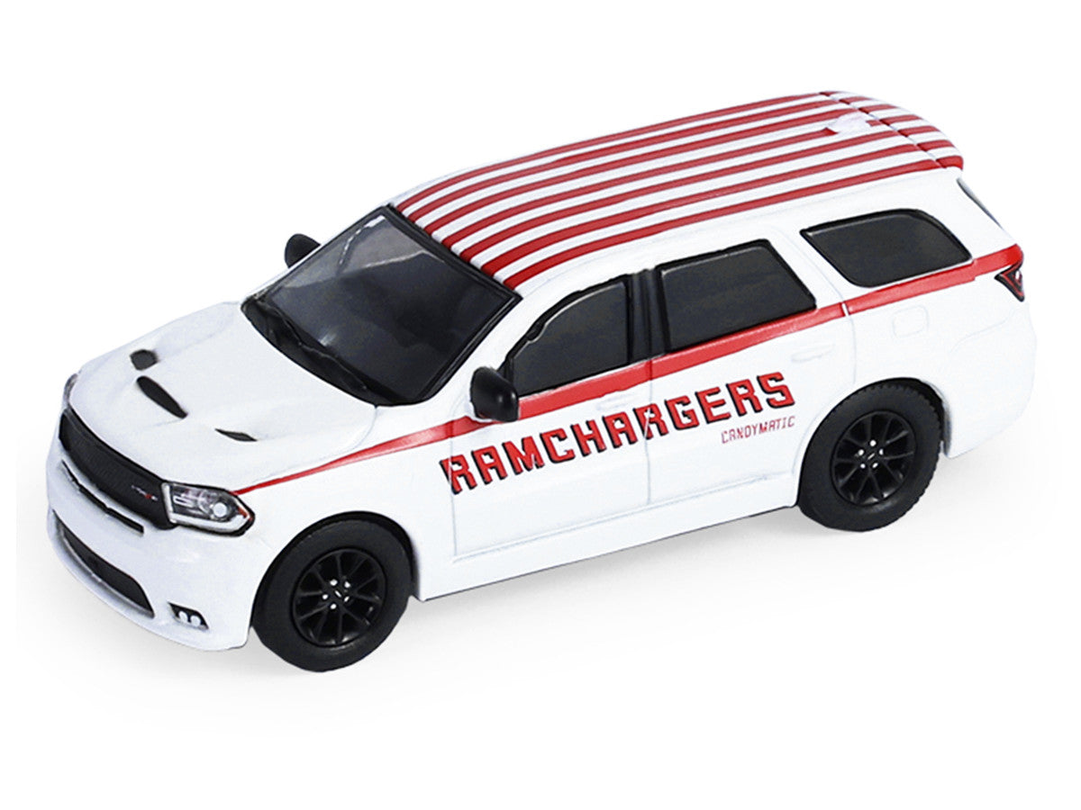 2018 Dodge Durango White with Red Stripes and 2021 Dodge Challenger SRT White with Red Stripes "Ramchargers" with Flatbed Trailer "Racing Hitch & Tow" Series 6 1/64 Diecast Model Cars by Greenlight LuxuryLifeWay Online Store
