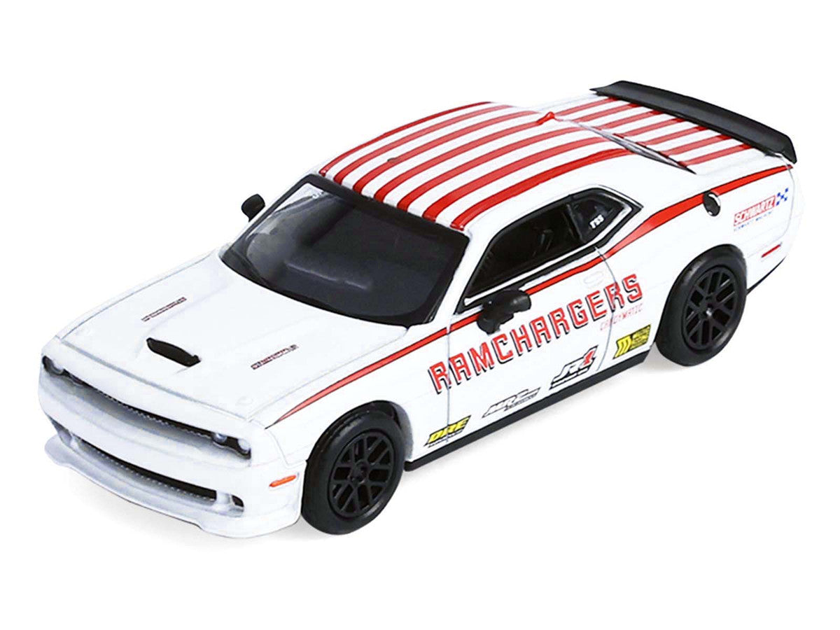 2018 Dodge Durango White with Red Stripes and 2021 Dodge Challenger SRT White with Red Stripes "Ramchargers" with Flatbed Trailer "Racing Hitch & Tow" Series 6 1/64 Diecast Model Cars by Greenlight LuxuryLifeWay Online Store