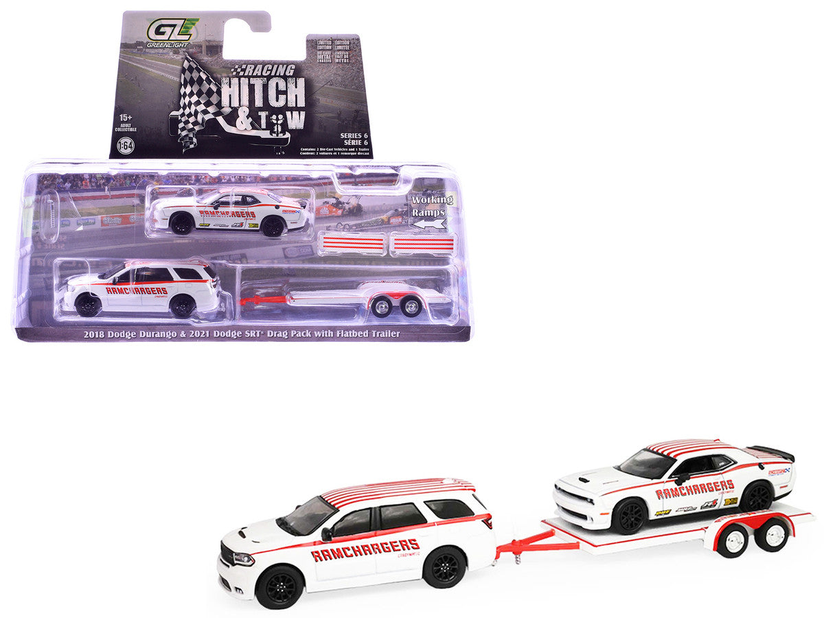 2018 Dodge Durango White with Red Stripes and 2021 Dodge Challenger SRT White with Red Stripes "Ramchargers" with Flatbed Trailer "Racing Hitch & Tow" Series 6 1/64 Diecast Model Cars by Greenlight LuxuryLifeWay Online Store