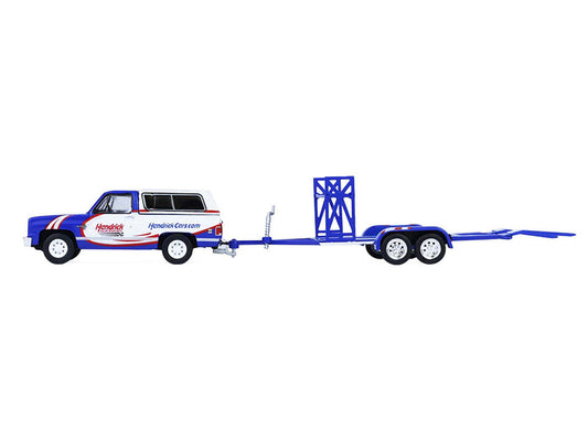 1986 Chevrolet K5 Blazer Blue and White and 1969 Chevrolet Camaro #5 Blue and White "Kyle Larson - Hendrick Motorsports" with Tandem Car Trailer "Racing Hitch & Tow" Series 6 1/64 Diecast Model Cars by Greenlight LuxuryLifeWay Online Store