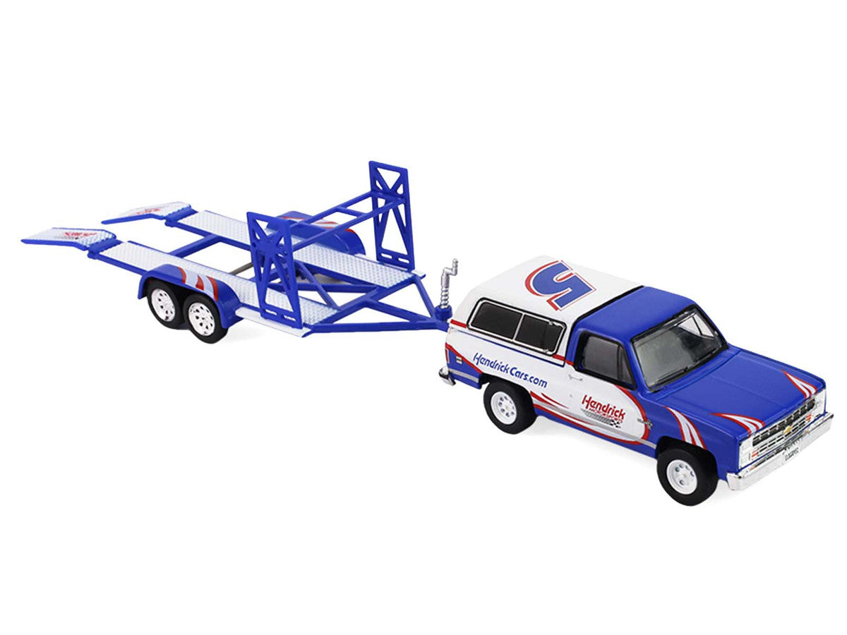 1986 Chevrolet K5 Blazer Blue and White and 1969 Chevrolet Camaro #5 Blue and White "Kyle Larson - Hendrick Motorsports" with Tandem Car Trailer "Racing Hitch & Tow" Series 6 1/64 Diecast Model Cars by Greenlight LuxuryLifeWay Online Store