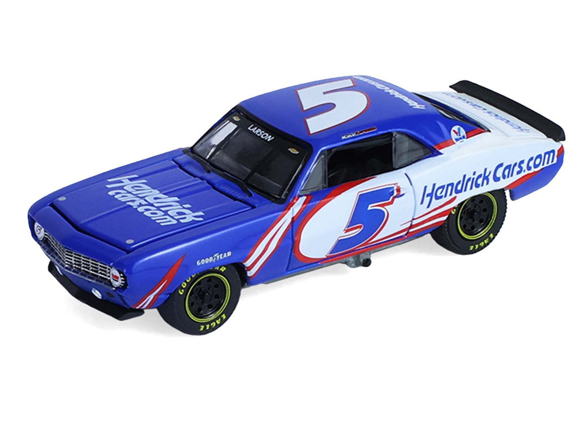 1986 Chevrolet K5 Blazer Blue and White and 1969 Chevrolet Camaro #5 Blue and White "Kyle Larson - Hendrick Motorsports" with Tandem Car Trailer "Racing Hitch & Tow" Series 6 1/64 Diecast Model Cars by Greenlight LuxuryLifeWay Online Store