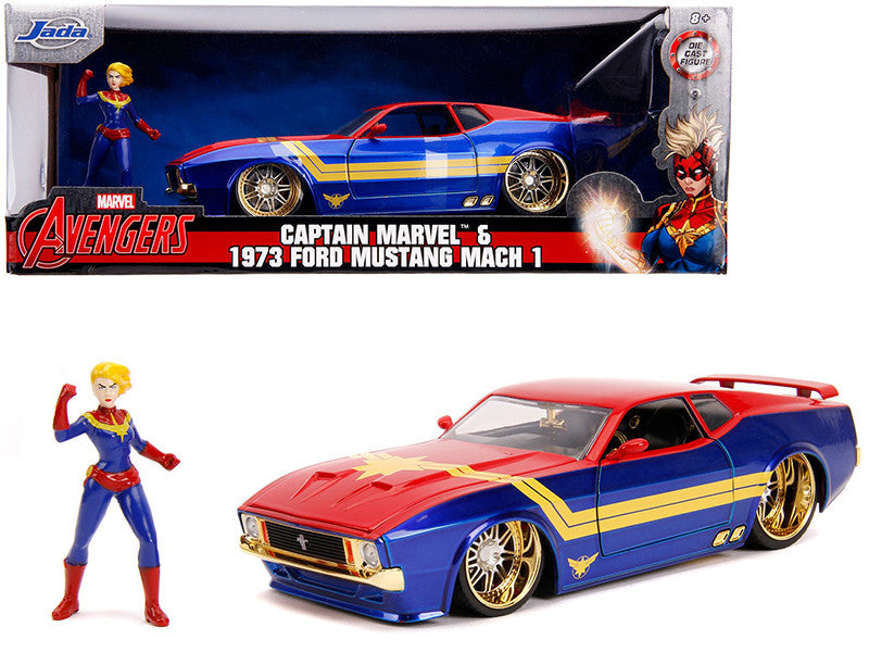 1973 Ford Mustang Mach 1 with Captain Marvel Diecast Figurine "Avengers" "Marvel" Series 1/24 Diecast Model Car by Jada LuxuryLifeWay Online Store