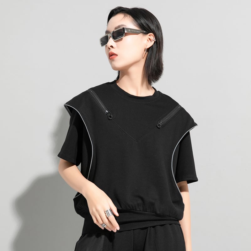 Black Off Shoulder T-Shirt with Zipper Detail Pi-Mart
