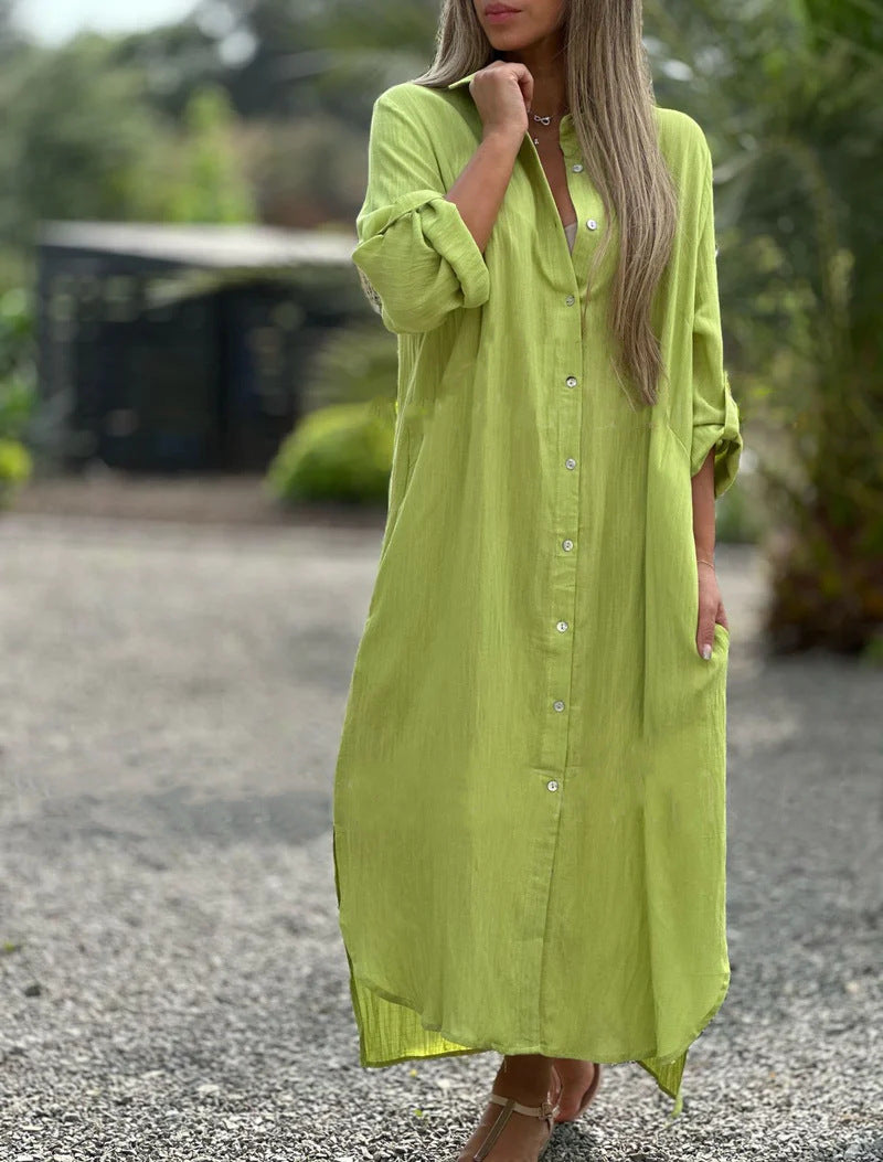 2026 Women's Dress, Cotton And Linen Shirt, Long Skirt, Fashionable Casual Long Sleeved Cardigan Dress NorixaFashion.com