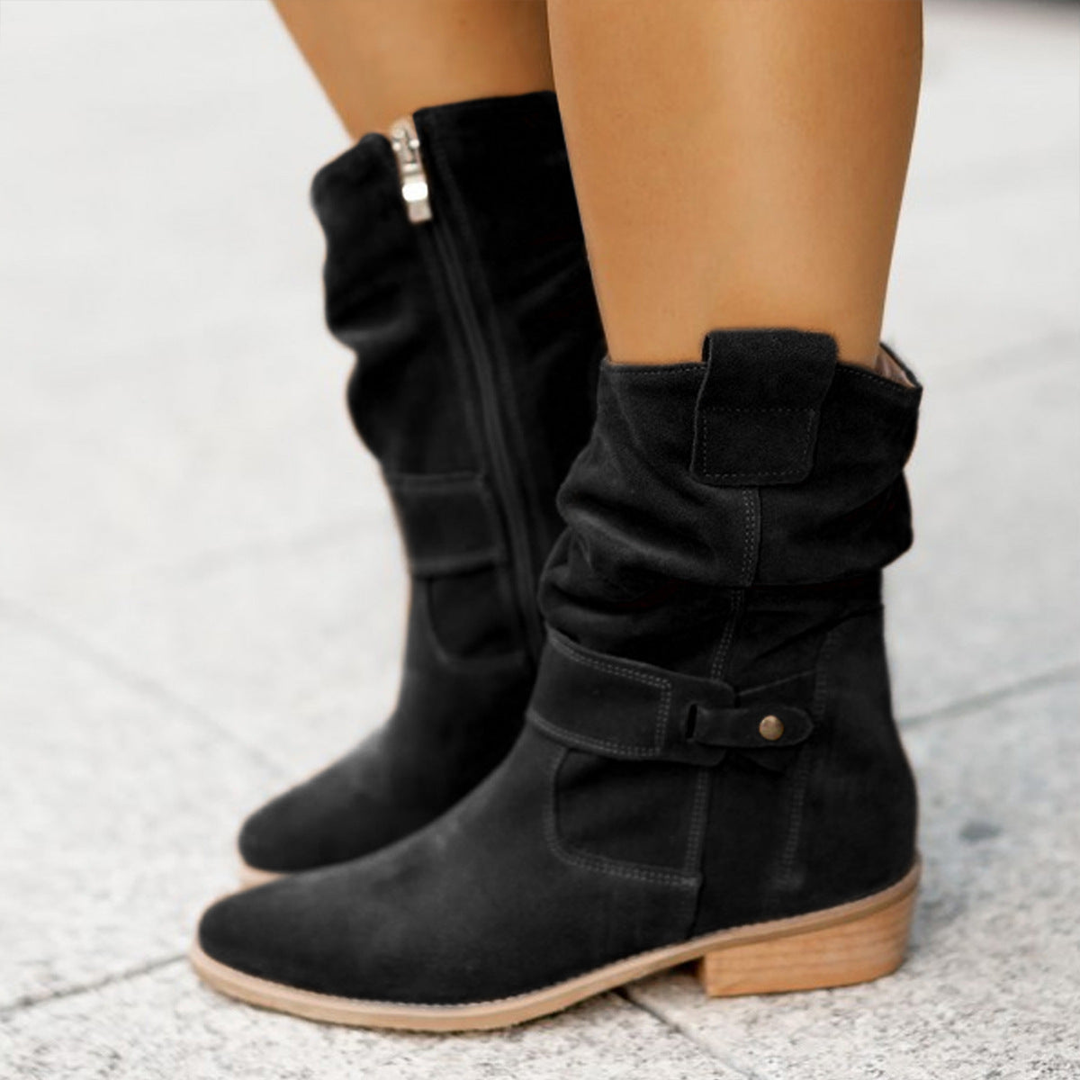 Ins Pointed Toe Mid-calf Boots Fashion Suede Zipper Western Boot Winter Shoes For Women LadyShow.Store