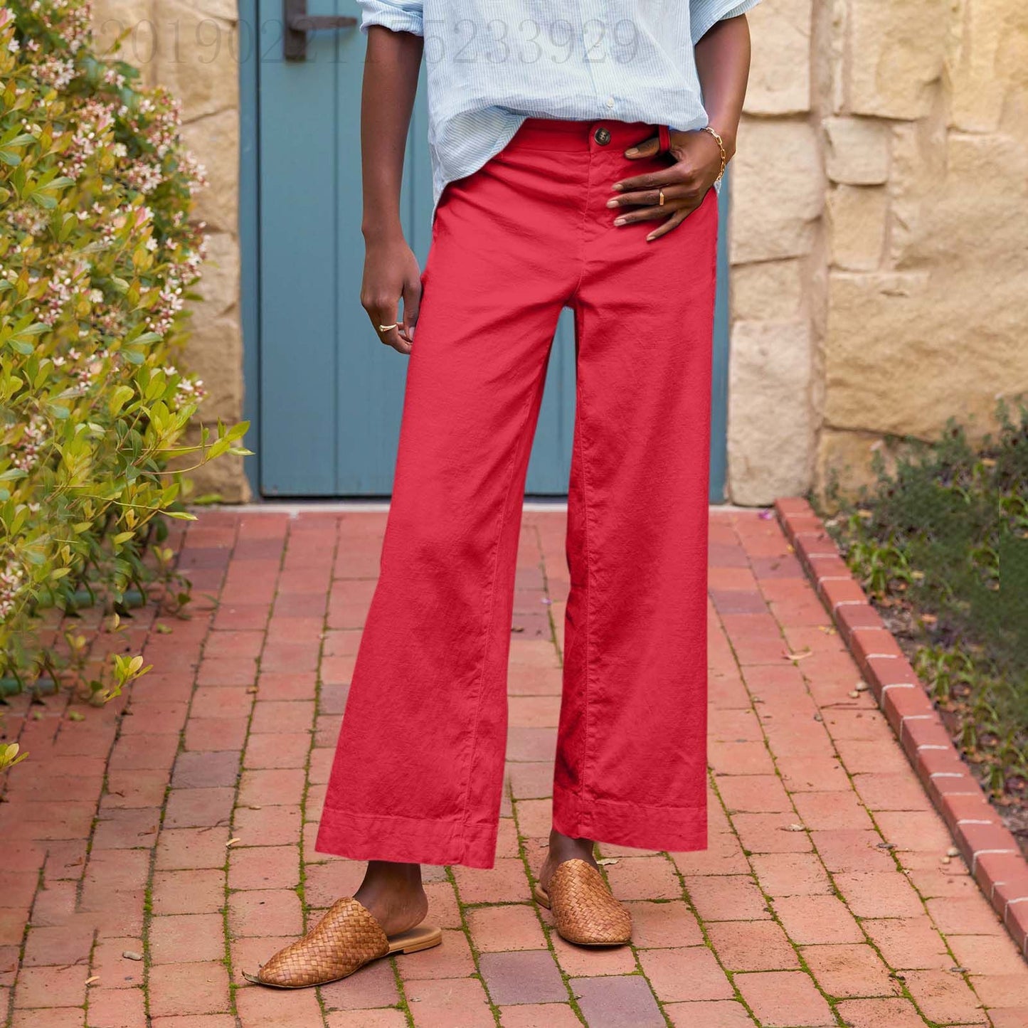 European And American Style High-Waisted Solid Color Cropped Flared Loose Wide-Leg Womens Trousers With Buttons NorixaFashion.com
