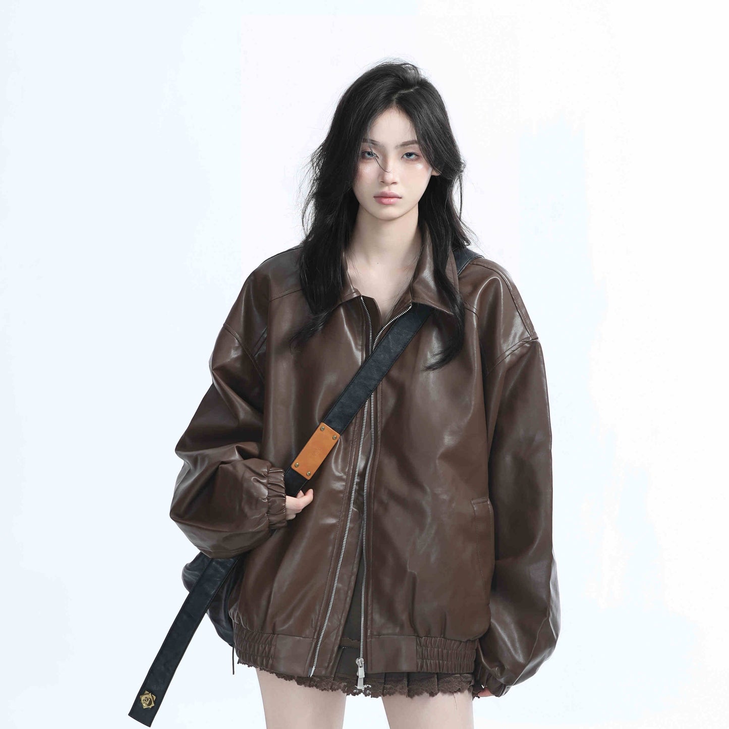 Brown Motorcycle PU Leather Coat Female Loose Jacket LadyShow.Store