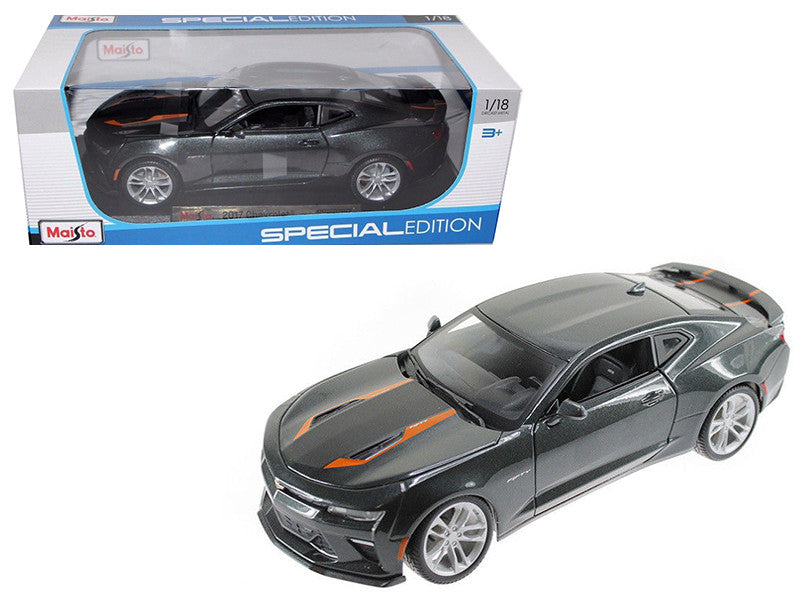 2017 Chevrolet Camaro SS Gray Metallic with Orange Stripes "50th Anniversary" "Special Edition" Series 1/18 Diecast Model Car by Maisto LuxuryLifeWay Online Store