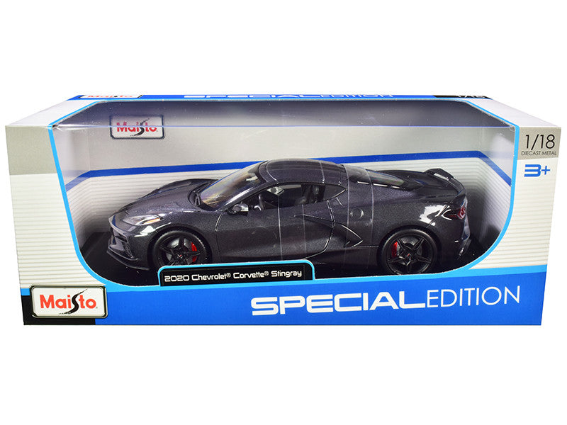 2020 Chevrolet Corvette Stingray C8 Dark Gray Metallic with Racing Stripes 1/18 Diecast Model Car by Maisto LuxuryLifeWay Online Store