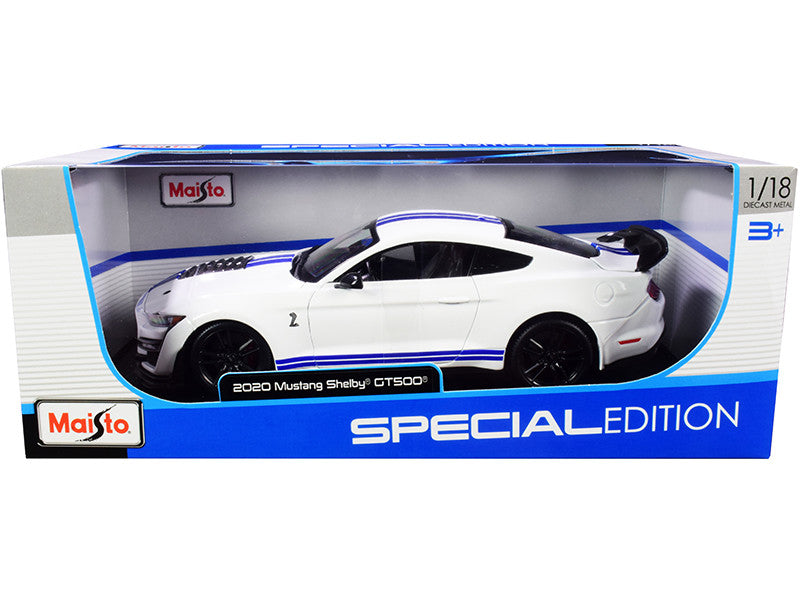 2020 Ford Mustang Shelby GT500 White with Blue Stripes "Special Edition" 1/18 Diecast Model Car by Maisto LuxuryLifeWay Online Store