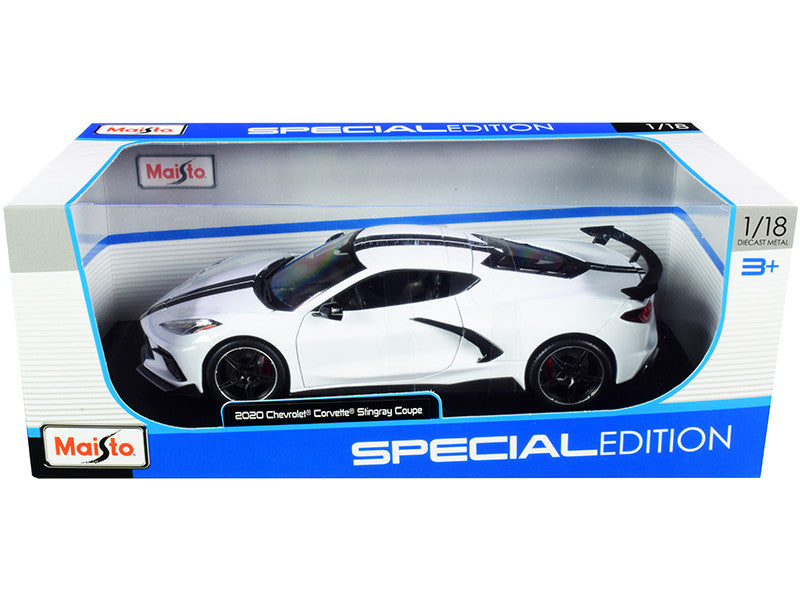 2020 Chevrolet Corvette Stingray C8 Coupe with High Wing White with Black Stripes 1/18 Diecast Model Car by Maisto LuxuryLifeWay Online Store