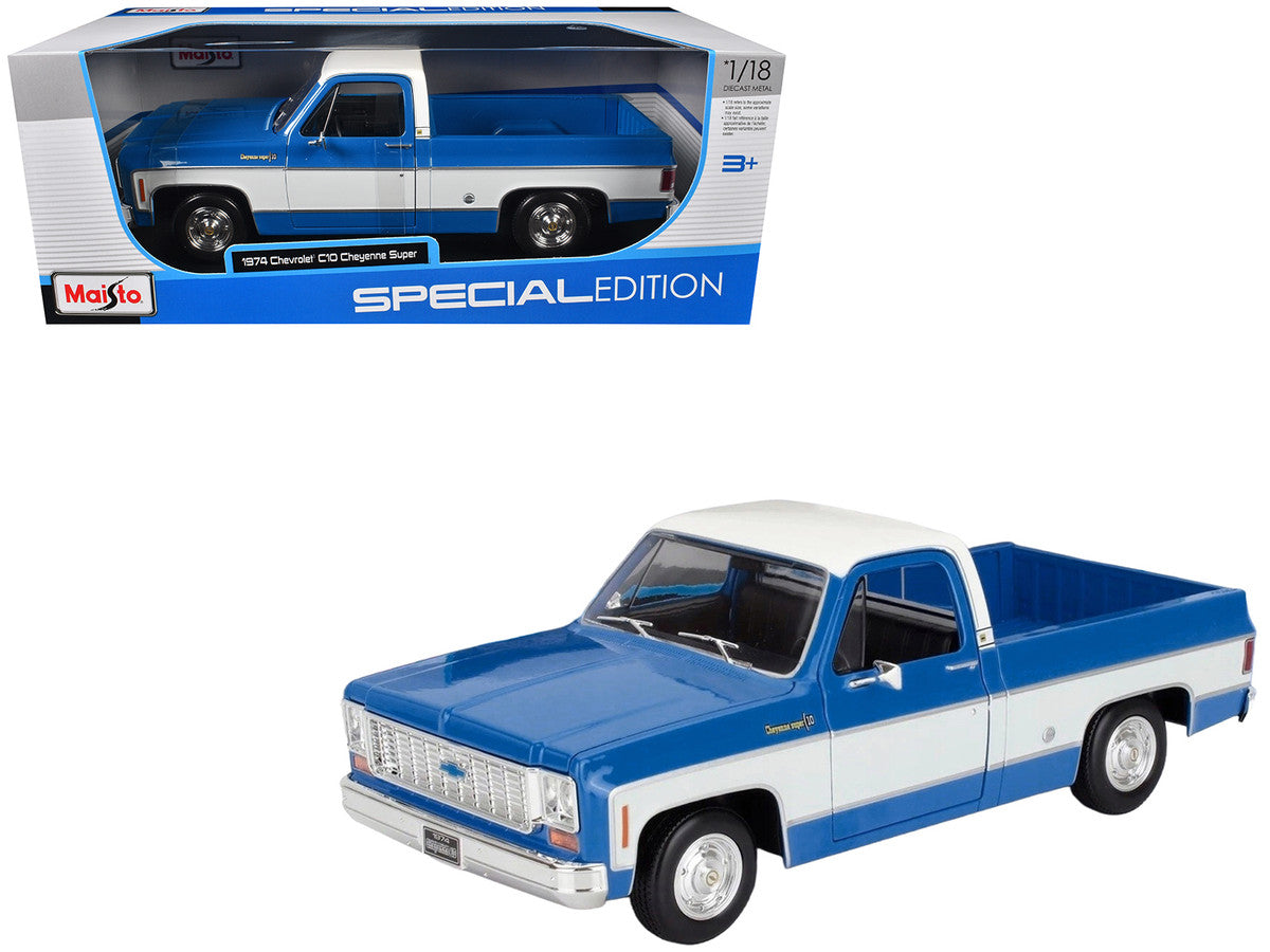 1974 Chevrolet C10 Cheyenne Super Pickup Truck Blue and White "Special Edition" Series 1/18 Diecast Model Car by Maisto LuxuryLifeWay Online Store
