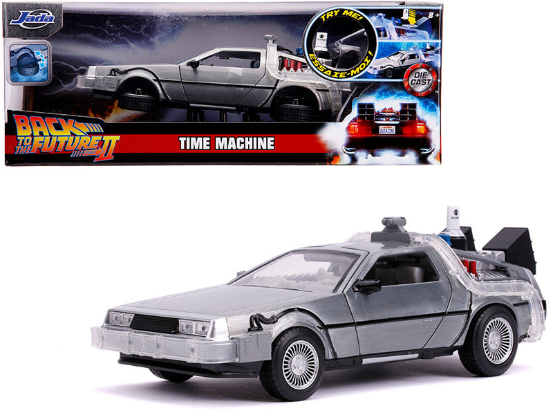 DeLorean Brushed Metal Time Machine with Lights (Flying Version) "Back to the Future Part II" (1989) Movie "Hollywood Rides" Series 1/24 Diecast Model Car by Jada LuxuryLifeWay Online Store