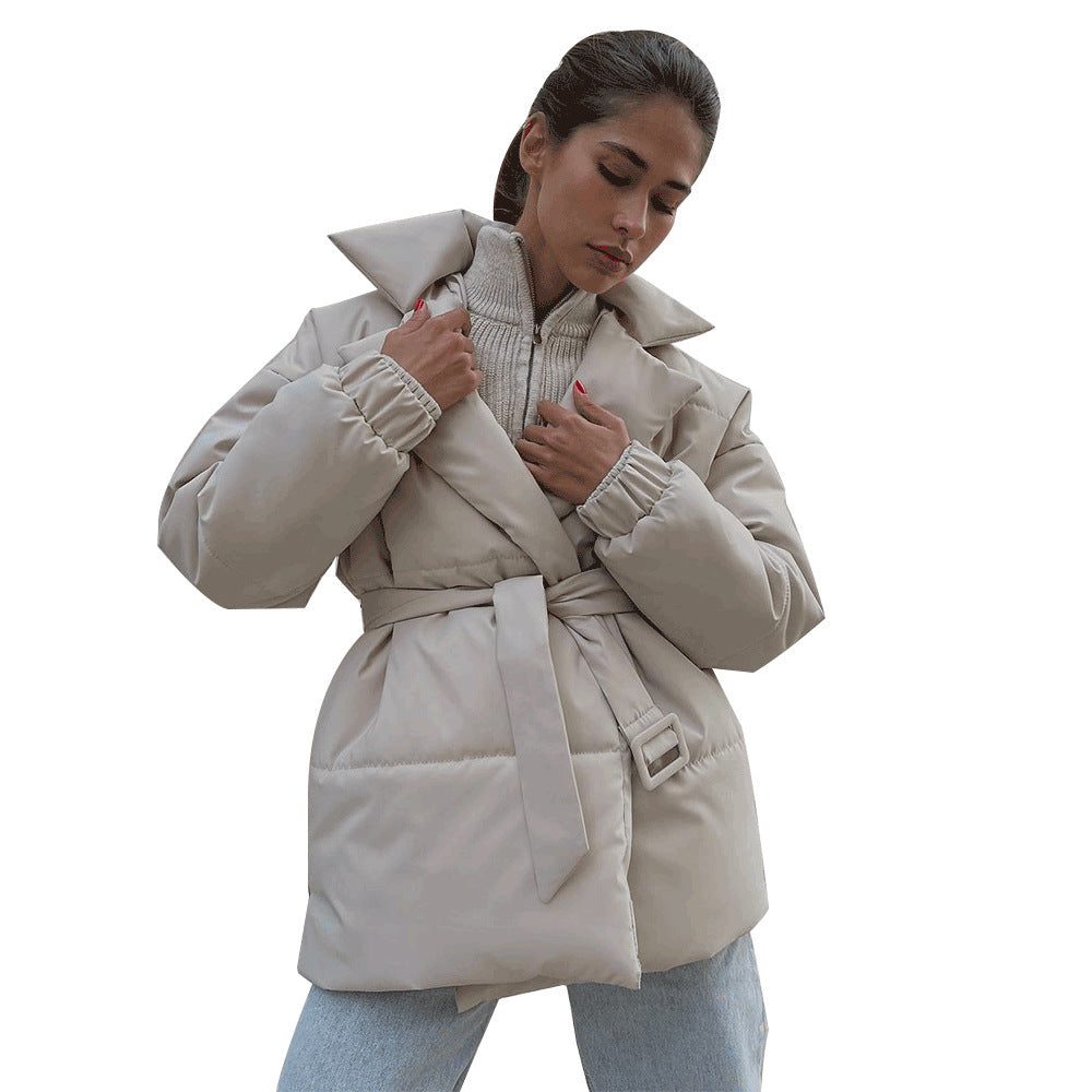 New Thickened Slimming Cinched Cotton-padded Coat Solid Color Belt Cotton Coat Jacket LuxuryLifeWay Online Store