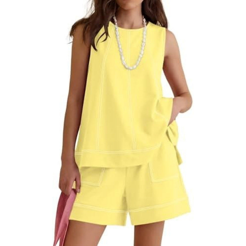 Summer Crew-neck Sleeveless Tank Top With Drawstring NorixaFashion.com