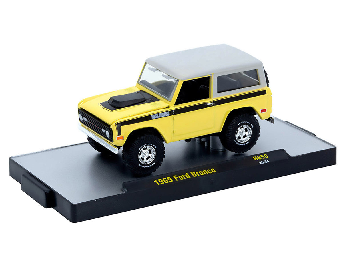 1969 Ford Bronco Yellow with Black Stripes and Gray Top Limited Edition to 6380 pieces Worldwide 1/64 Diecast Model Car by M2 Machines LuxuryLifeWay Online Store