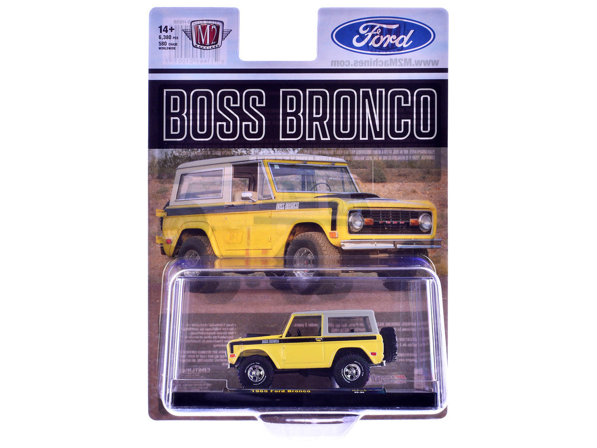 1969 Ford Bronco Yellow with Black Stripes and Gray Top Limited Edition to 6380 pieces Worldwide 1/64 Diecast Model Car by M2 Machines LuxuryLifeWay Online Store