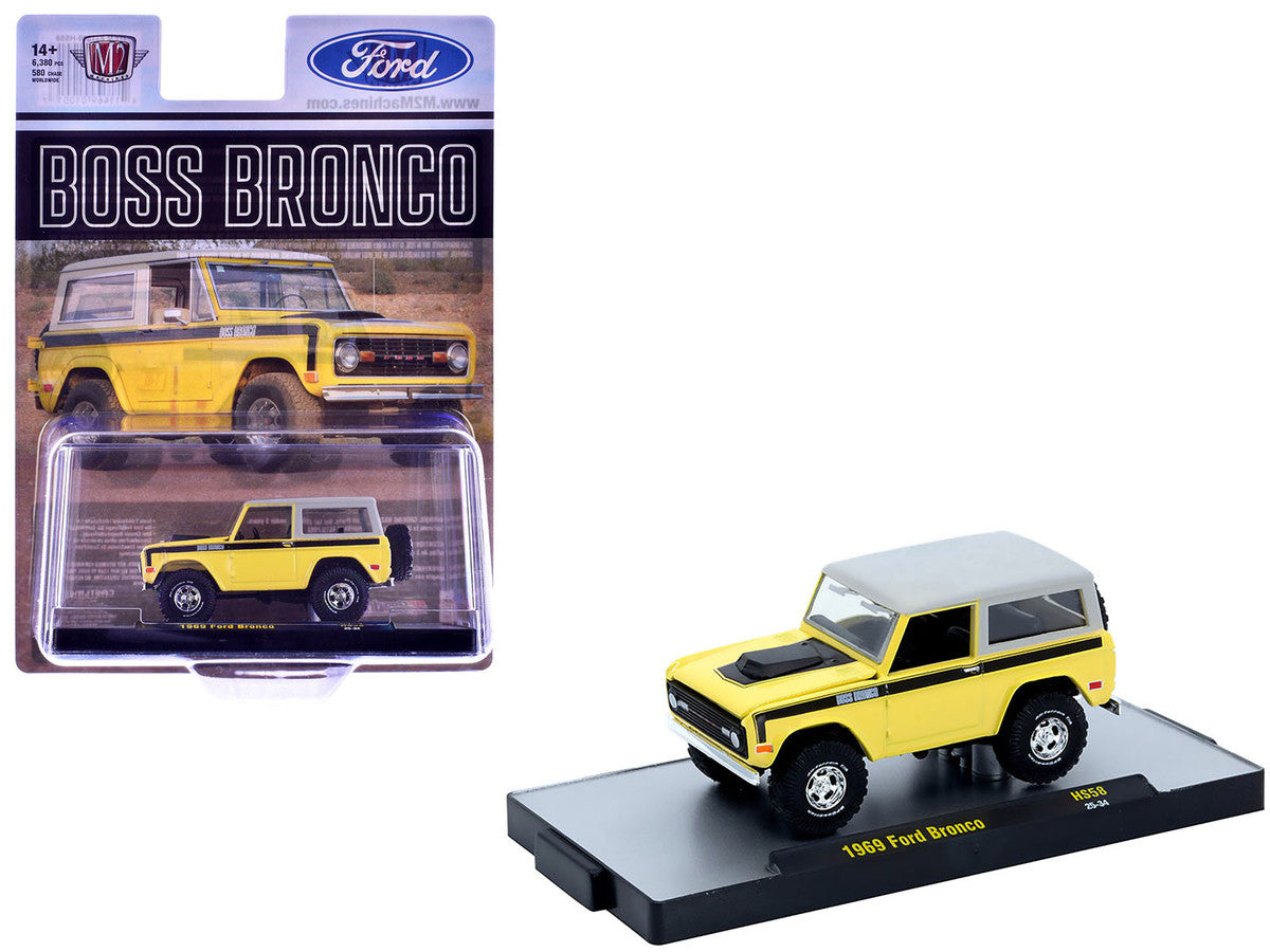1969 Ford Bronco Yellow with Black Stripes and Gray Top Limited Edition to 6380 pieces Worldwide 1/64 Diecast Model Car by M2 Machines LuxuryLifeWay Online Store