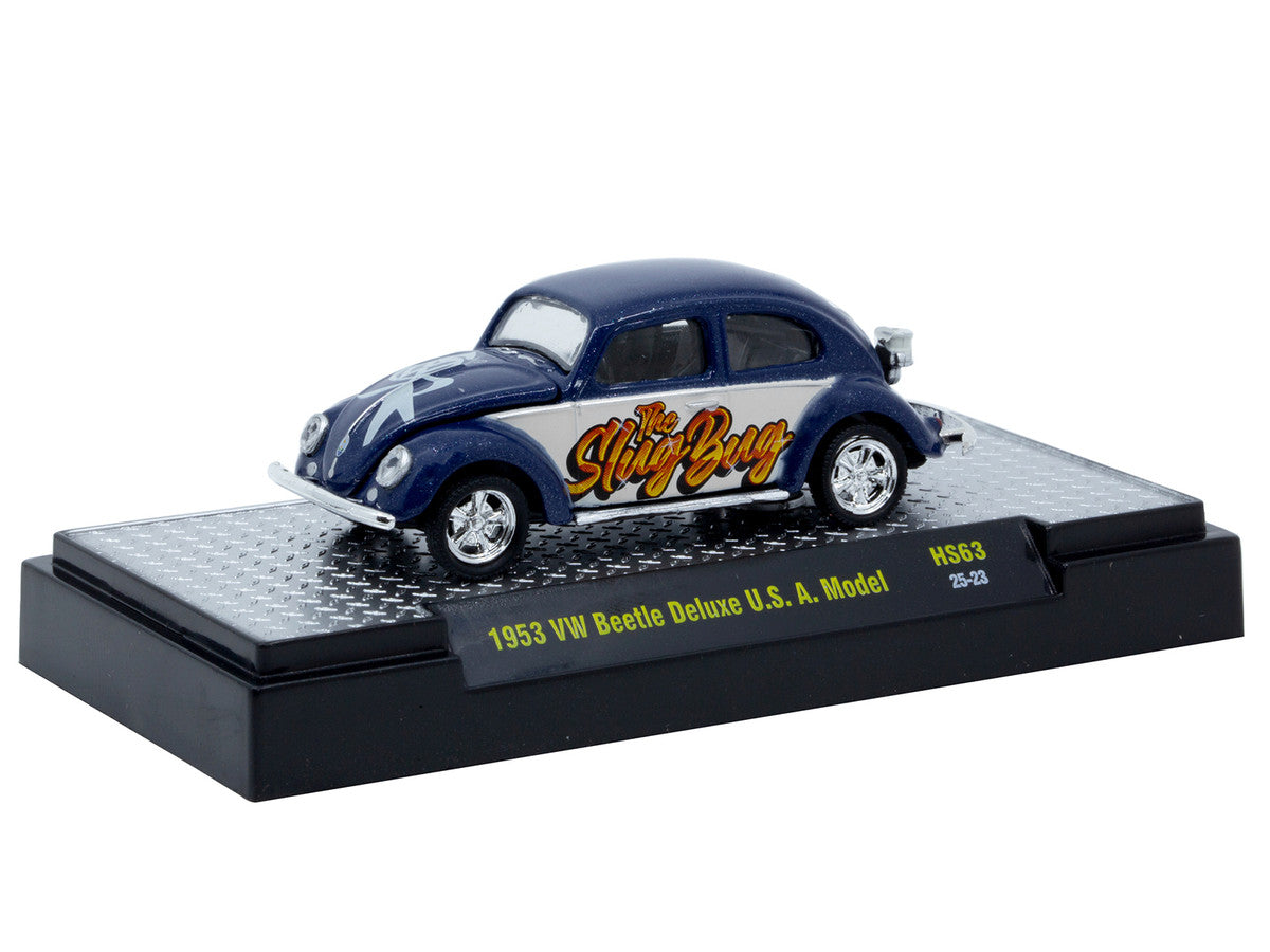 1953 Volkswagen Beetle Deluxe USA Model "The Slug Bug" Blue Metallic with White Sides Limited Edition to 5566 pieces Worldwide 1/64 Diecast Model Car by M2 Machines LuxuryLifeWay Online Store
