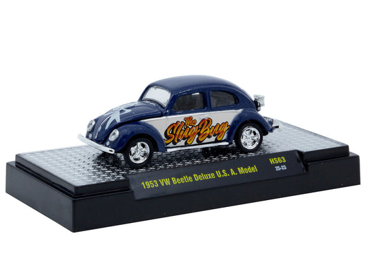 1953 Volkswagen Beetle Deluxe USA Model "The Slug Bug" Blue Metallic with White Sides Limited Edition to 5566 pieces Worldwide 1/64 Diecast Model Car by M2 Machines LuxuryLifeWay Online Store