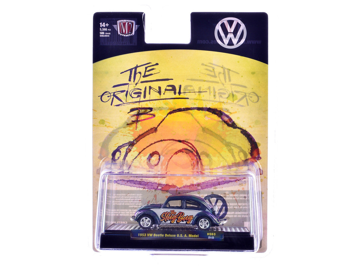 1953 Volkswagen Beetle Deluxe USA Model "The Slug Bug" Blue Metallic with White Sides Limited Edition to 5566 pieces Worldwide 1/64 Diecast Model Car by M2 Machines LuxuryLifeWay Online Store