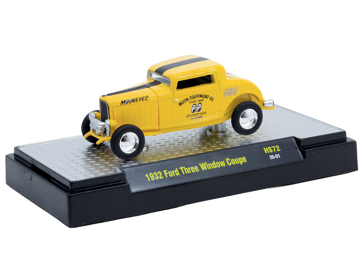 1932 Ford Three-Window Coupe "MoonEyes" Yellow with Black Stripe Limited Edition to 4400 pieces Worldwide 1/64 Diecast Model Car by M2 Machines LuxuryLifeWay Online Store